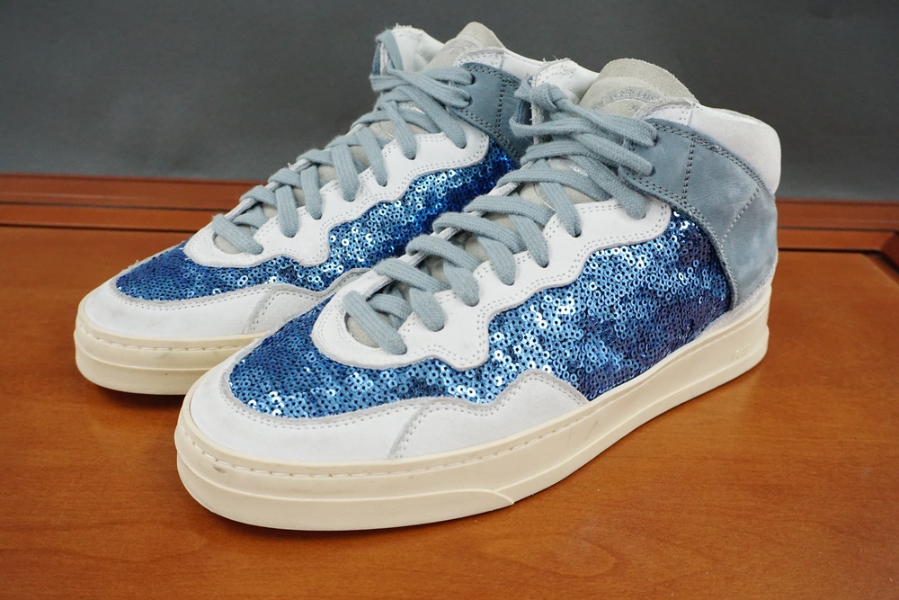 P448 High Top Shoes Womens 38 / 8 Blue Sequin Glitter Lace Up Zip Sneakers